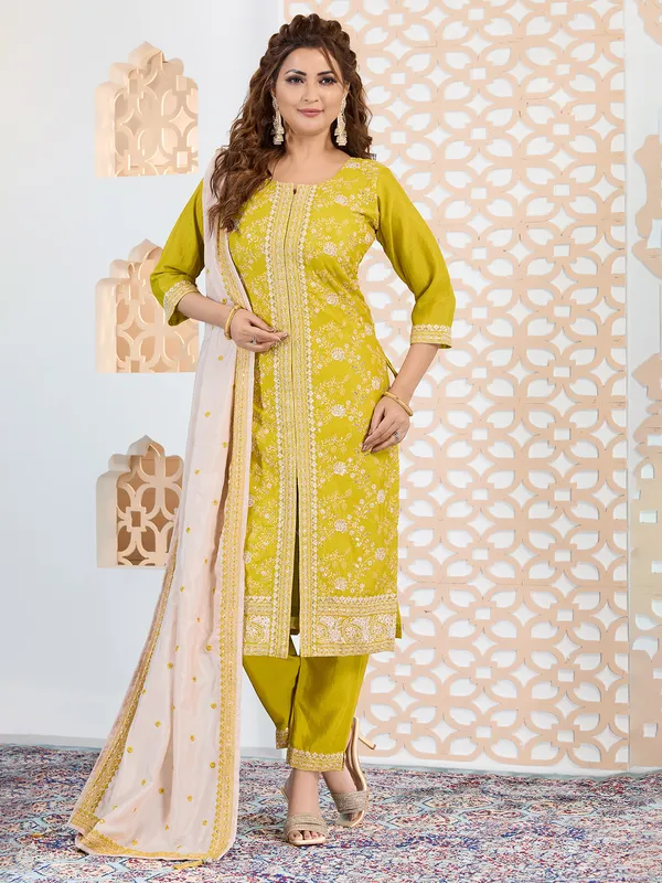 Mehendi yellow silk salwar suit with dupatta