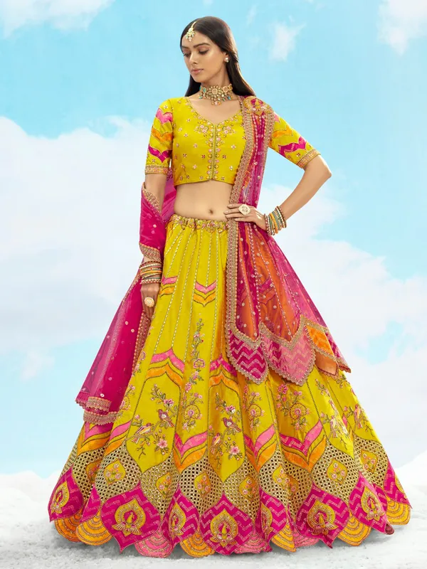 Mehendi yellow silk unstitched lehenga choli