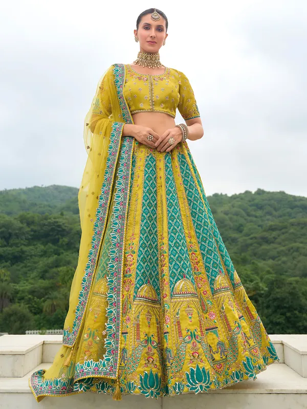 Mehendi yellow silk wedding style lehenga choli