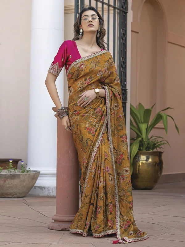 Mehendi yellow viscose dola silk saree