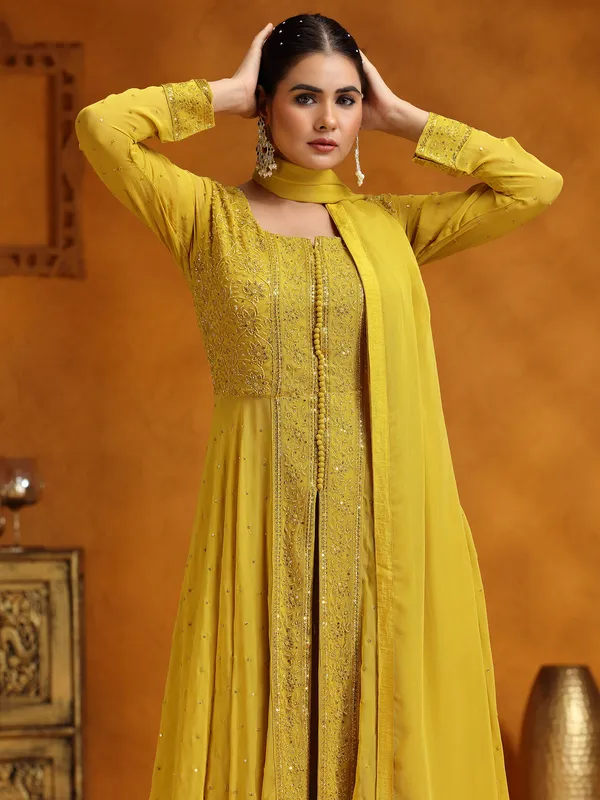 Mehendi yellow wedding wear palazzo suit in georgette