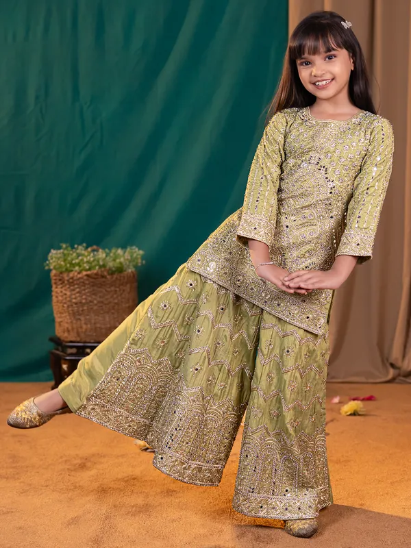 Mehndi green silk festive ready palazzo suit