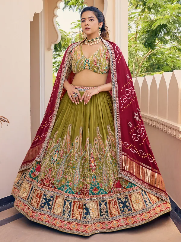 Mehndi green silk printed lehenga choli