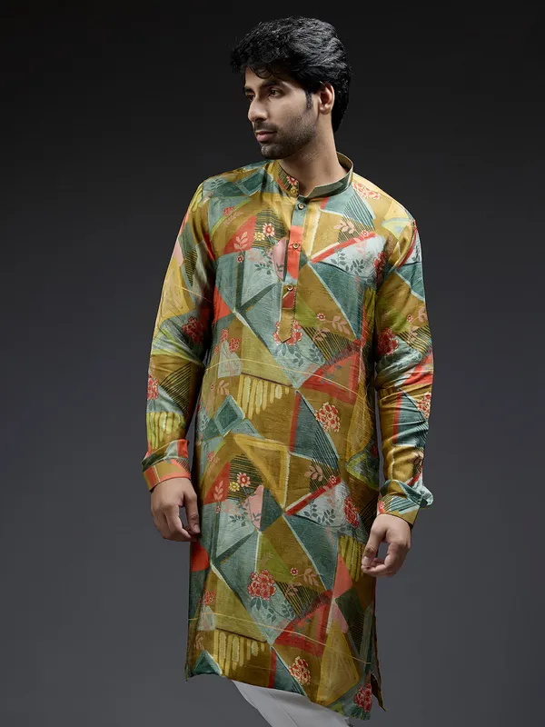 Mehndi yellow silk kurta suit with geometrical printed design