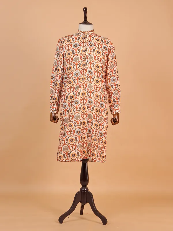 Men unique printed white cotton kurta suit