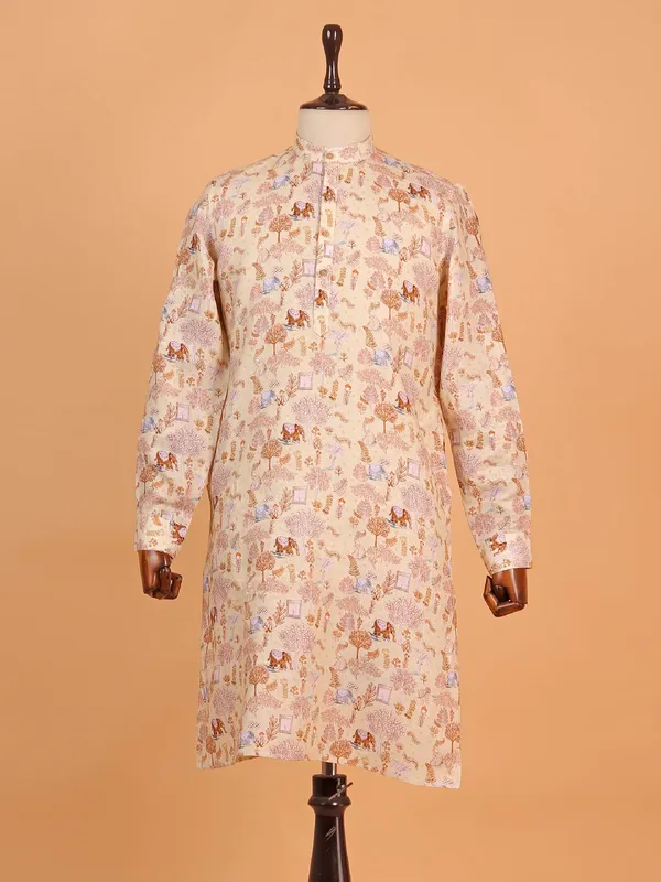 Mens cream cotton kurta with print