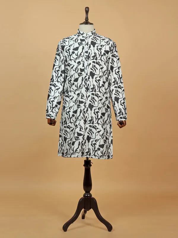 Mens white cotton kurta suit with print