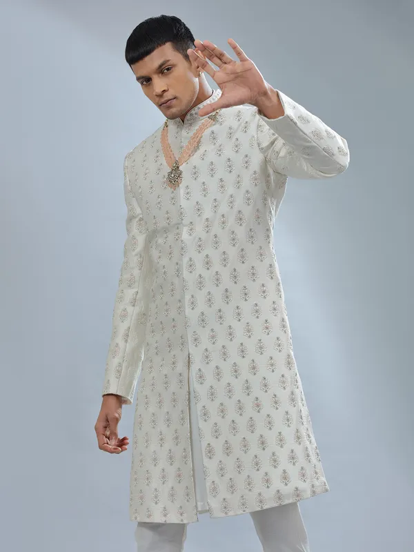 Minimalistic off white raw silk sherwani