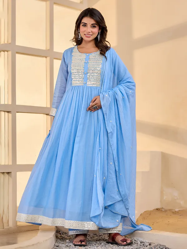 Mint blue aabla yoke kurti set with dupatta