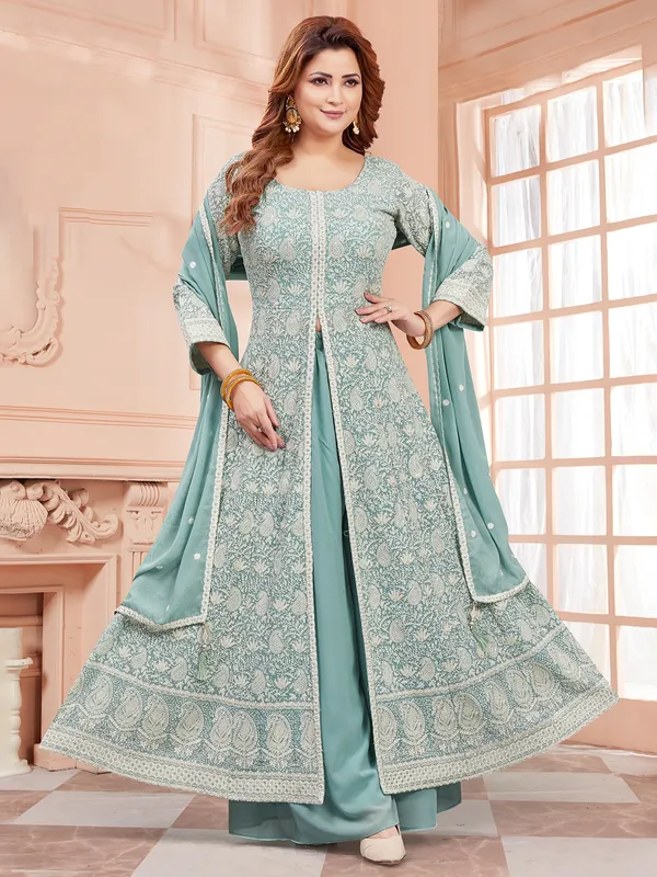 Mint blue embroidery palazzo salwar suit
