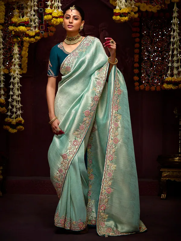 Mint blue embroidery saree