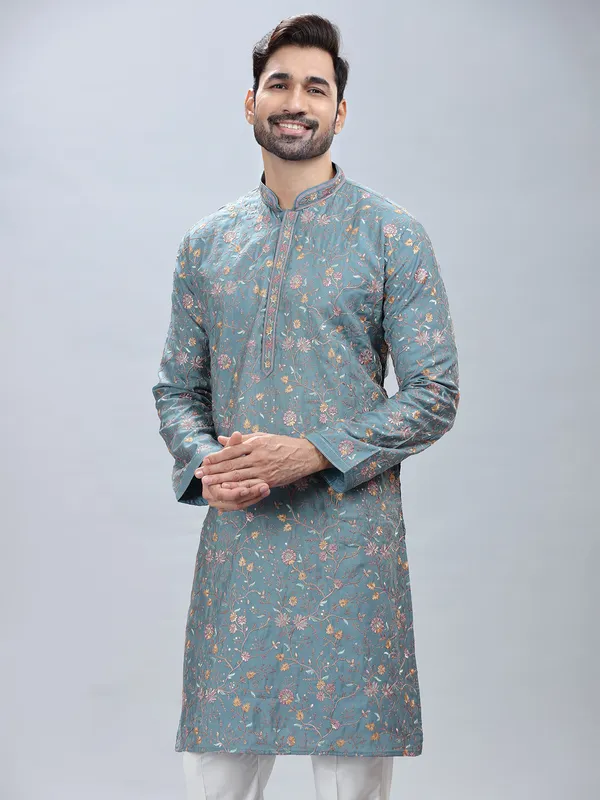 Mint blue festive wear kurta pajama for men