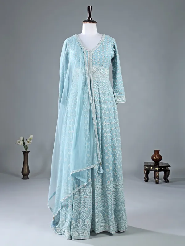 Mint blue georgette palazzo suit with dupatta
