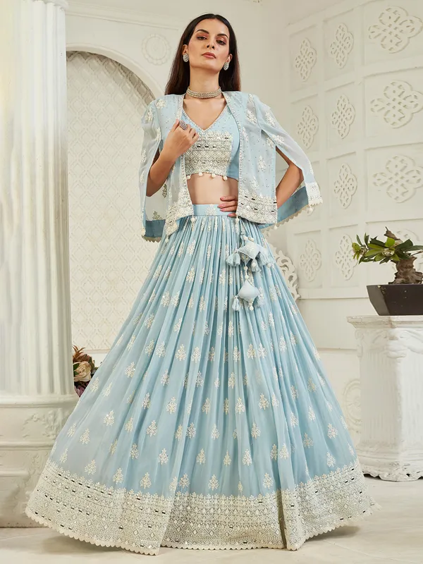 Mint blue georgette wedding style lehenga choli