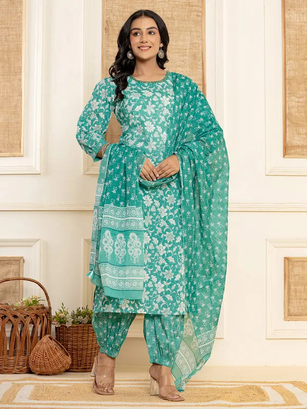 Mint blue printed cotton kurti set