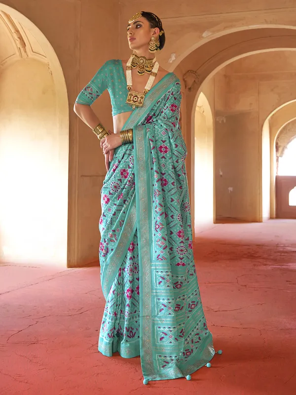 Mint blue printed patola silk