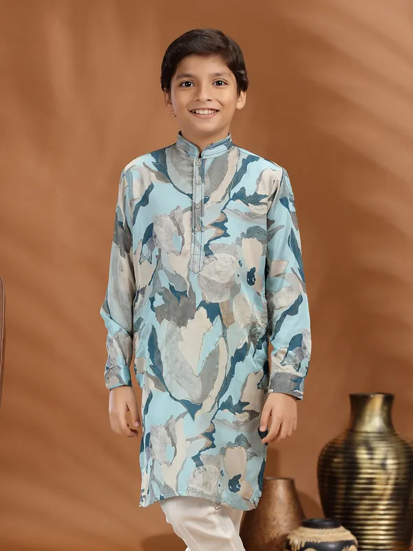 Mint blue printed silk kurta suit