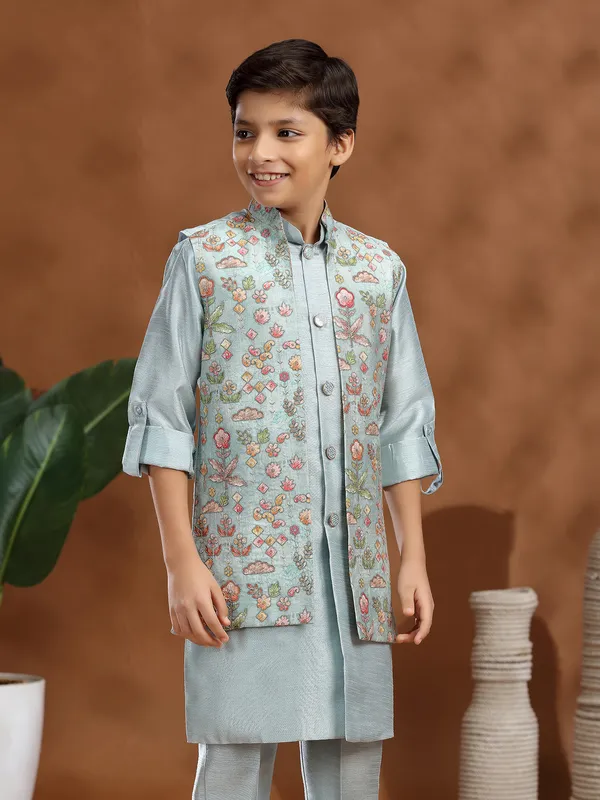 Mint blue raw silk printed waistcoat set