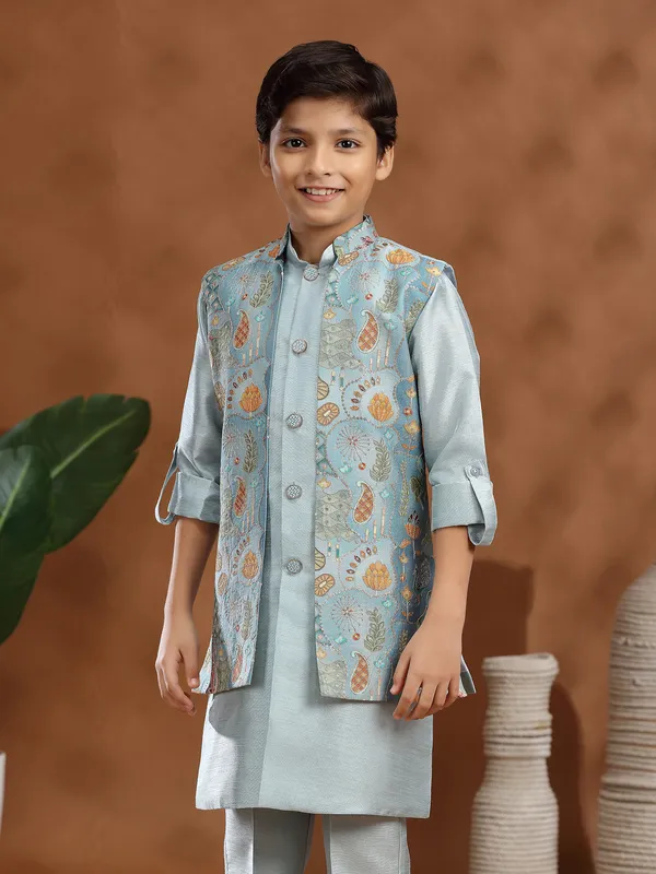 Mint blue raw silk resham work printed waistcoat set