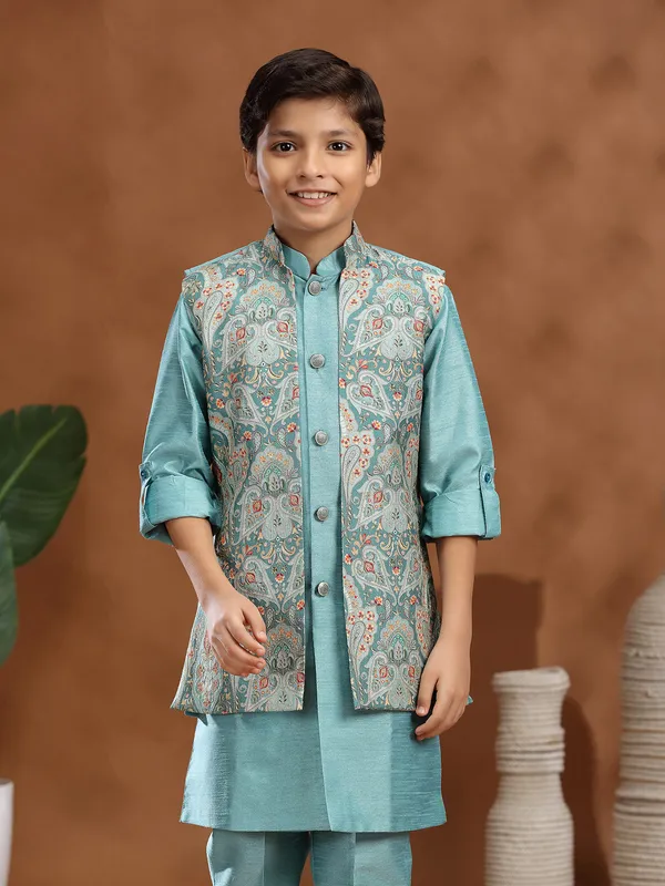Mint blue raw silk waistcoat set for wedding