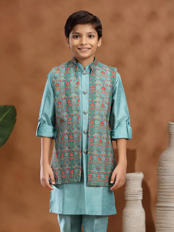 Mint blue raw silk wedding wear waistcoat set