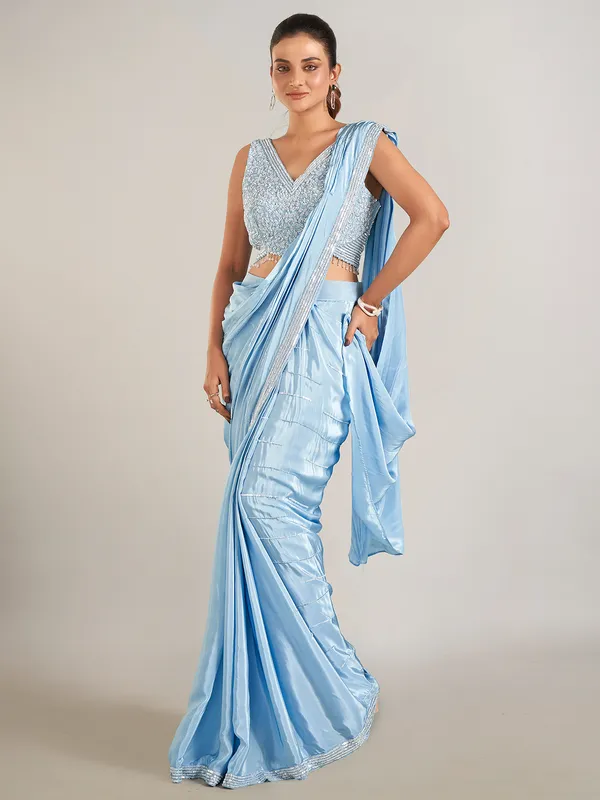 Mint blue ready to wear party wear saree