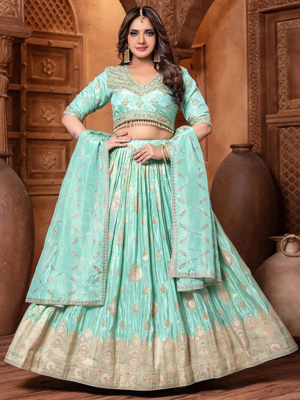 Mint blue reception wear silk lehenga choli
