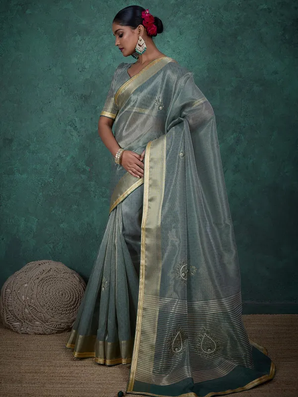 Mint blue saree in linen tissue silk