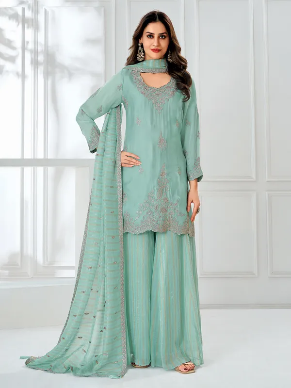 Mint blue satin palazzo suit for festive wear