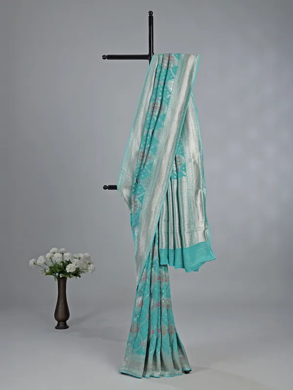 Mint blue satin silk saree with zari
