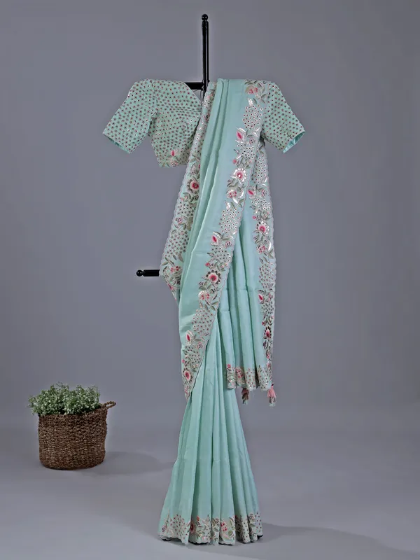 Mint blue silk  saree with attractive border
