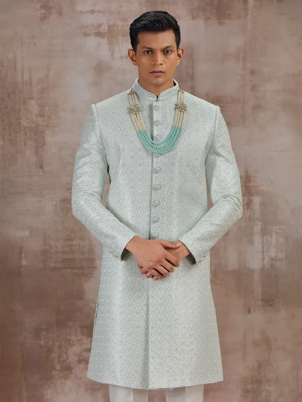 Mint blue silk sherwani for wedding groom