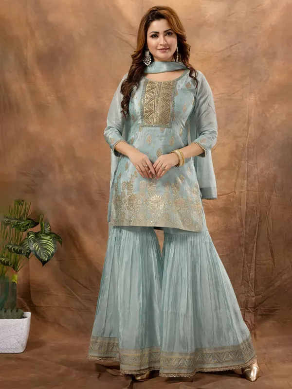 Mint blue tissue silk sharara suit for wedding