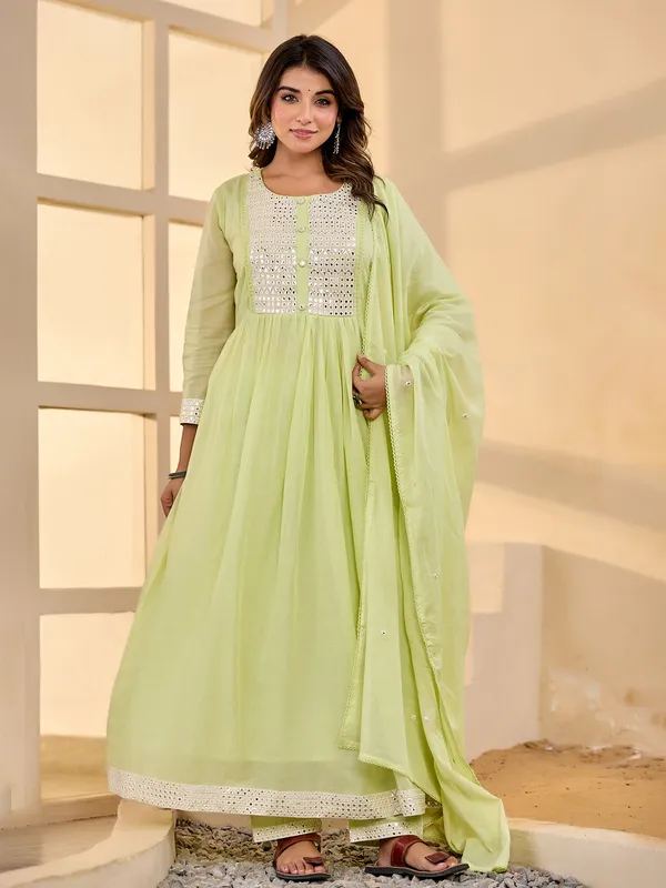 Mint green cotton silk kurti set with dupatta