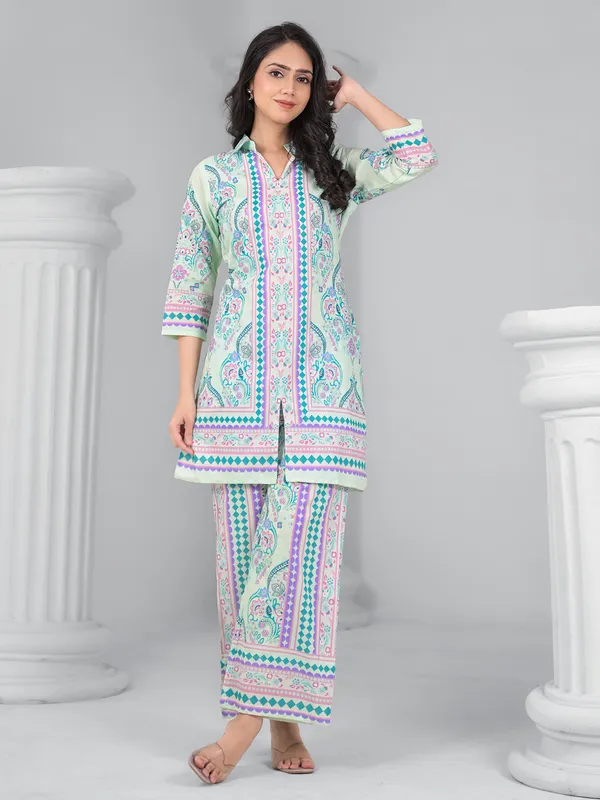 Mint green cotton silk printed palazzo kurti set
