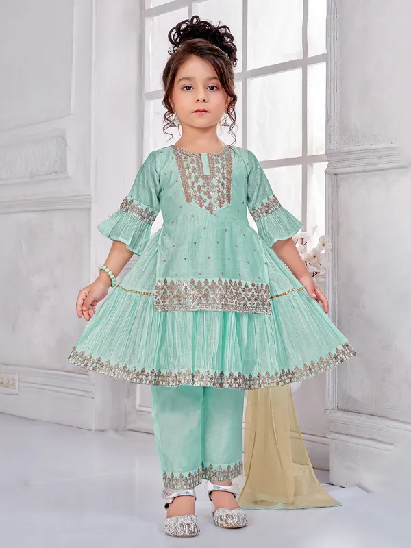 Mint green cotton silk salwar suit with embroidery weaving