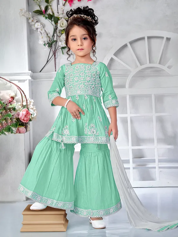 Mint green cotton silk sharara suit with dupatta