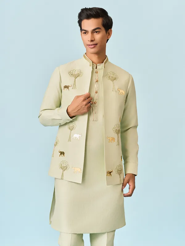 Mint green falmingo applique worked kurta jacket set