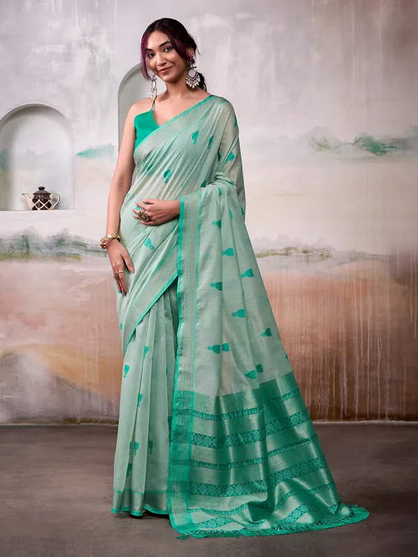 Mint green festive wear cotton saree
