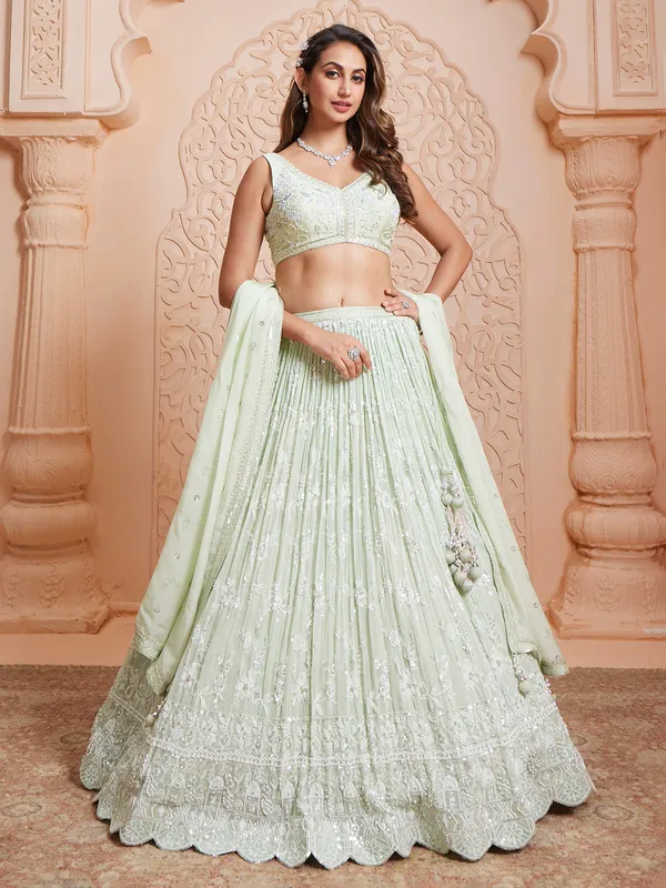 Mint green georgette lehenga choli with dupatta for women