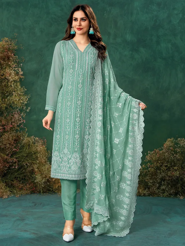 Mint green georgette salwar suit with thread work