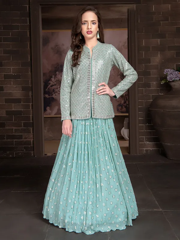 Mint green jacket style lahenga choli