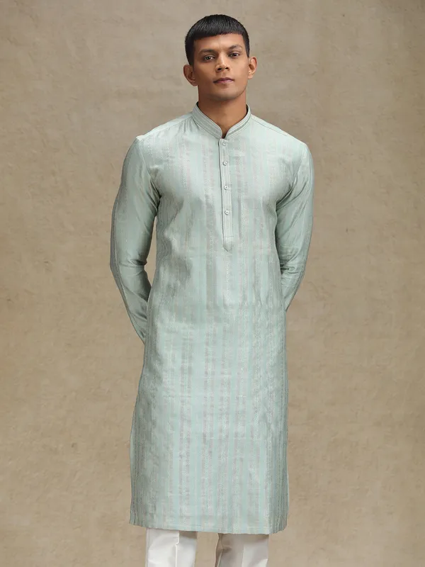 Mint green kurta pajama in textured stripe pattern