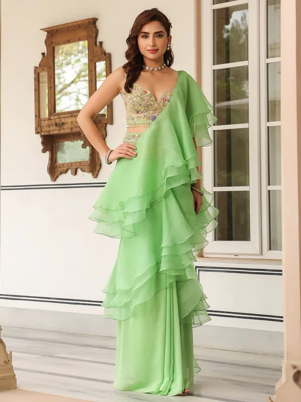 Mint green organza and georgette ready to wear saree