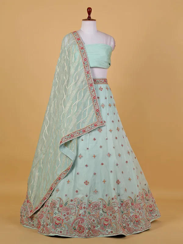 Mint green organza unstitched lehenga choli