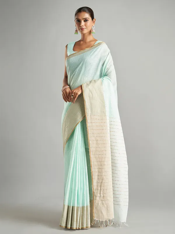 Mint green plain cotton linen saree