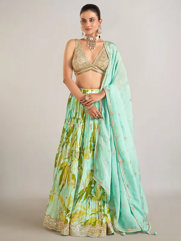 Mint green printed lehenga choli for wedding