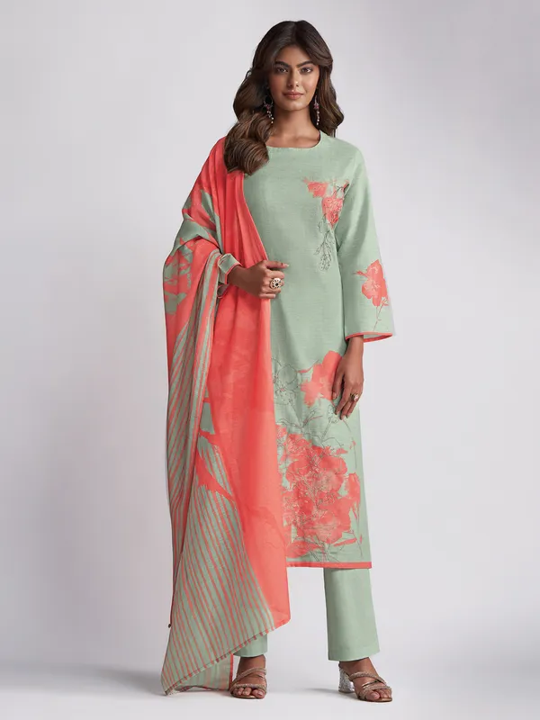 Mint green printed salwar suit in linen cotton