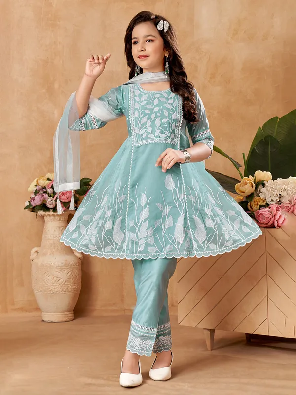 Mint green salwar suit with pants and dupatta for girls