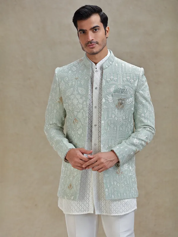 Mint green short jacket style indo western set in georgette